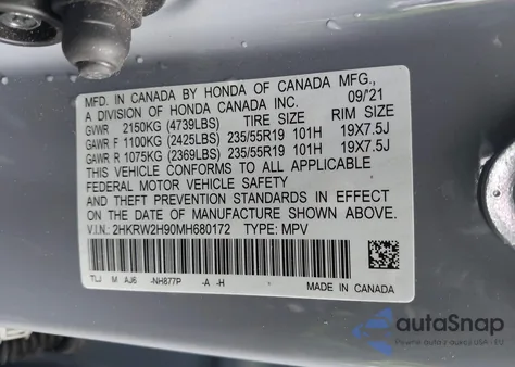 2021 Honda Cr-V Awd Touring из США, поврежденный, VIN 2HKRW2H90MH680172